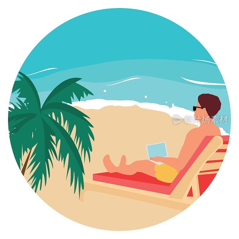 Freelance guy sits on a beach in a sun lounger and works remotely